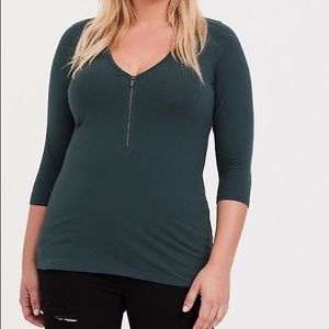 Dark Green Zip V-Neck Foxy Tee